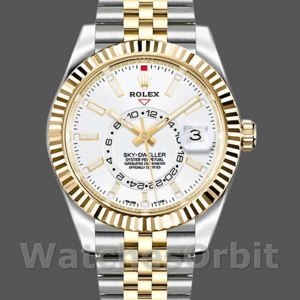 Replica Rolex Sky-Dweller 42mm Uomo-326933-Acciaio inossidabile e oro giallo-Calendario bianco Bianco
