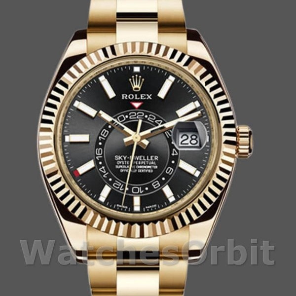 Replica Rolex Sky-Dweller 42 mm Uomo-326938-Oro giallo-Comparatore nero Nero